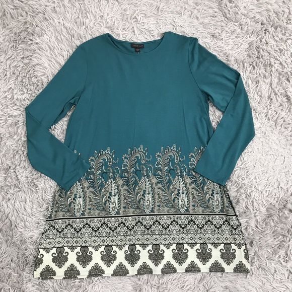 J. Jill Gorgeous Wearever Teal Paisley-Border Long Tunic Petite M PM NWT - Picture 3 of 8